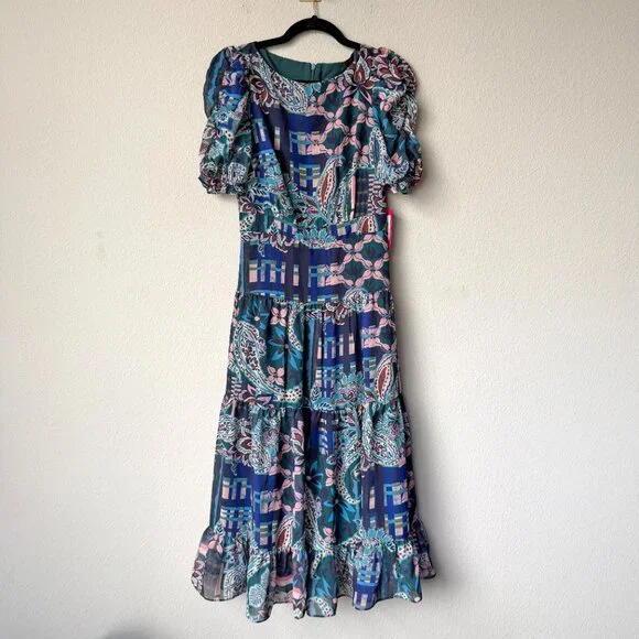 NWT Vince Camuto Mixed Print Puff Sleeve Tiered Maxi Dress Size 2 - Picture 2 of 6